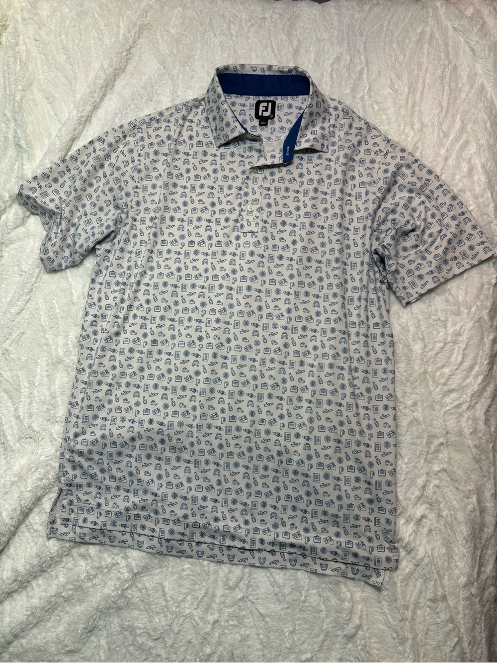 Footjoy Travel Transportation Print Polo Golf Shirt Size Large White & Blue